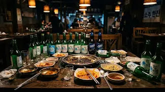 Korean business dinner table with soju bottles and grilled meat dishes
