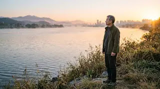 Man standing alone by a lake at sunset reflecting on health journey