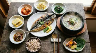 Traditional Korean meal with grilled mackerel and side dishes for joint health