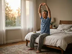 Man doing morning stretching routine on bed to relieve joint stiffness
