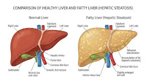 Medical diagram comparing healthy liver and fatty liver with hepatic steatosis
