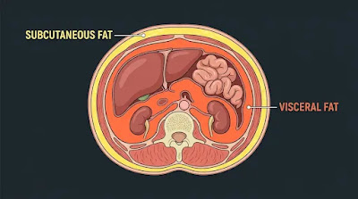 Cross-section diagram showing subcutaneous fat versus visceral fat around organs
