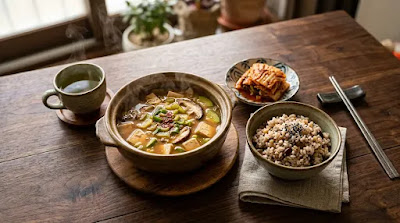 Korean anti-visceral-fat meal with kimchi stew, brown rice, and healthy side dishes
