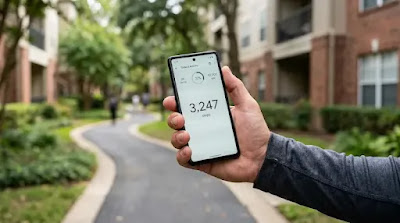 Hand holding smartphone showing 3,247 steps on pedometer app
