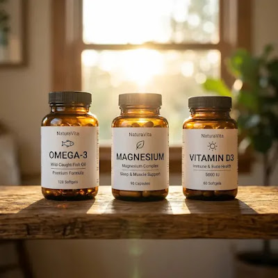 Three recommended supplements for men over 50: Omega-3, Magnesium, and Vitamin D3