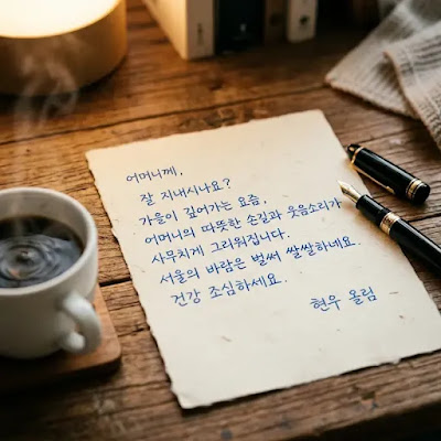 Handwritten Korean letter to mother with coffee cup on wooden table