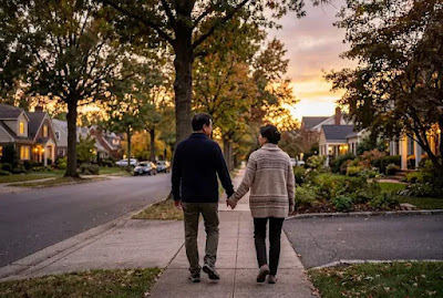 Couple walking together through neighborhood street at dusk as part of evening routine