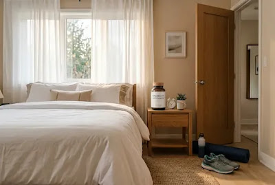 Clean and calm bedroom with warm lighting and supplement bottle on nightstand for better sleep