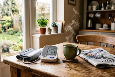 Blood pressure monitor with green tea and newspaper on wooden kitchen table in morning light