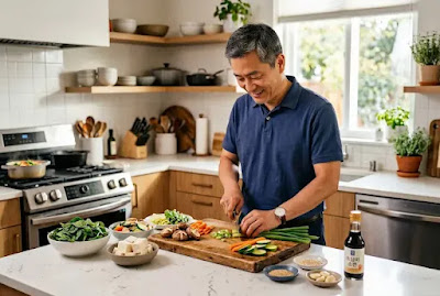 Man preparing healthy low-sodium meal with fresh vegetables and olive oil in kitchen