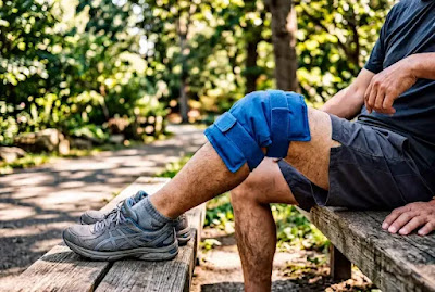 Man sitting on park bench with ice pack on swollen knee after failed running attempt