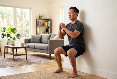 Man doing bodyweight squats at home in living room to strengthen muscles around knee joints