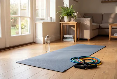 Exercise mat with resistance bands and water bottle set up for home workout in sunlit room