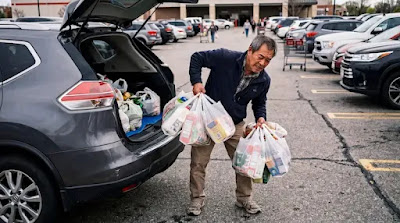 Man carrying heavy grocery bags from car trunk in parking lot testing renewed arm strength