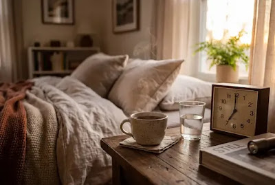 Cozy bedside table with tea cup water glass and alarm clock showing peaceful sleep environment