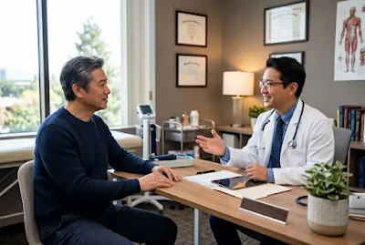 Middle-aged man consulting with urologist doctor in clinic office about prostate health and PSA test
