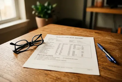 Health checkup report papers with glasses and pen on desk showing cholesterol and blood test numbers