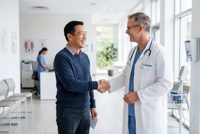 Man shaking hands with doctor at clinic after annual health checkup consultation
