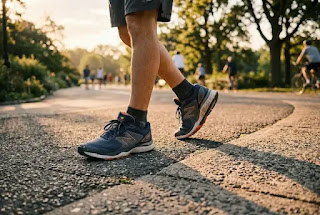 Walking shoes on pavement in morning sunlight — cardio exercise for heart health