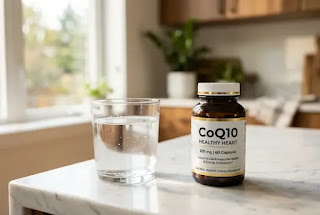 CoQ10 supplement bottle with glass of water on kitchen counter — heart health supplement