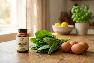 Eye health foods and supplements — lutein capsules with carrots and leafy greens