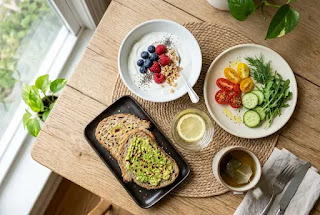 Healthy breakfast for gut health — water glass yogurt vegetables and whole grain