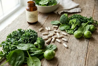 Probiotic capsules on wooden table with green vegetables — gut health supplements