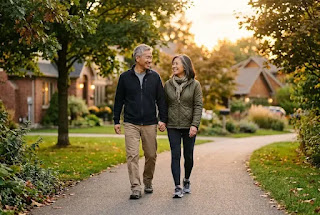 Older Asian couple walking together — spousal support for mental health after retirement
