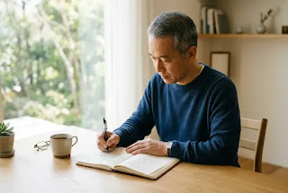 Man writing at desk with window light — blogging as therapy for men over 50