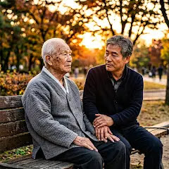 Elderly father and son sitting together talking in an autumn park at golden hour