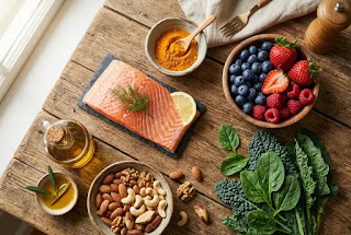 Anti-inflammatory foods for men over 50 — salmon turmeric berries leafy greens and nuts