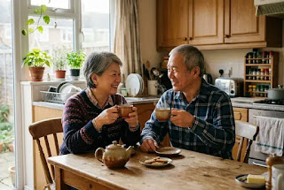 Retired couple sharing tea at kitchen table — marriage and mental health after 50