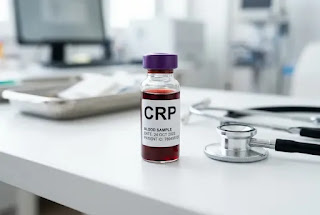 CRP blood test for inflammation — test vial with stethoscope on medical table