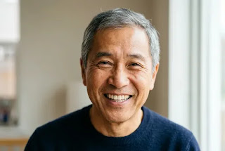 Healthy smile older man — dental health recovery after periodontal treatment
