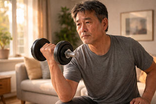 "Man over 50 checking blood sugar — finger prick test with glucose monitor at home"