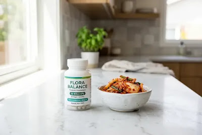 Kimchi probiotics vs supplement — probiotic capsules next to a bowl of kimchi