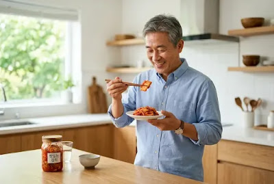 Kimchi and weight loss — man over 50 eating kimchi for belly fat reduction