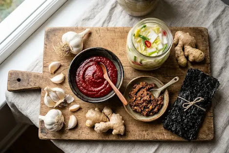 Korean fermented food benefits — gochujang, doenjang, kimchi, garlic, and seaweed lineup