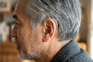 Man over 50 protecting hearing health — wearing ear protection during outdoor activity