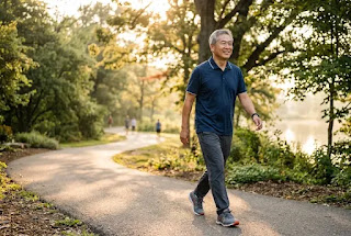 Sober morning walk — man over 50 walking outdoors after quitting alcohol