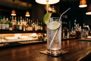 Alcohol alternative — sparkling water with lime at a bar for sober men over 50