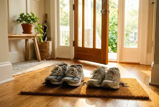 Couple walking shoes at front door — morning walk routine for health after retirement