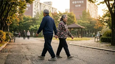 Asian man in his late fifties walking outdoors in comfortable clothes during early morning representing the simple daily walking routine that supports healthy aging and muscle preservation for men over 50