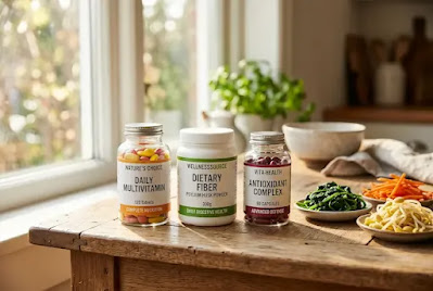 Bibimbap nutrition vs supplements — multivitamin and fiber capsules next to fresh Korean vegetable