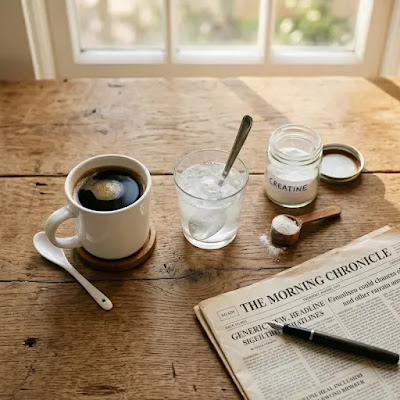 Morning routine flat lay showing five grams of creatine monohydrate powder mixed in a glass of water beside black coffee representing a simple daily creatine protocol for men over 50