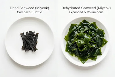 Dried wakame seaweed before and after rehydrating for miyeokguk recipe