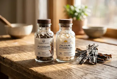 Fucoidan and calcium supplements next to dried seaweed — miyeokguk supplement alternative