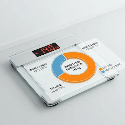 Infographic showing weight loss composition on GLP-1 medication breaking down total weight lost into fat mass versus lean muscle mass for men over 50