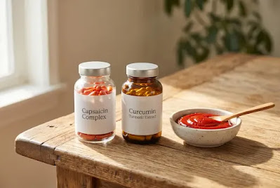 Gochujang capsaicin vs supplement — capsaicin and curcumin capsules next to a bowl of gochujang