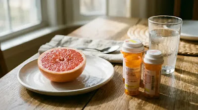 "Half a grapefruit on a white plate beside prescription medication bottles on a wooden breakfast table, illustrating common drug-food interactions"